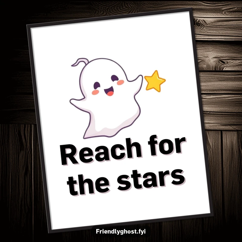 Funny chasing ghost poster art of a delighted ghost playfully pursuing a tiny, sparkling star, ideal for whimsical decor and gifts.