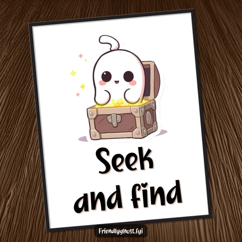 Funny curious ghost peeking into a treasure chest overflowing with sparkling gems, displayed as a humorous poster.
