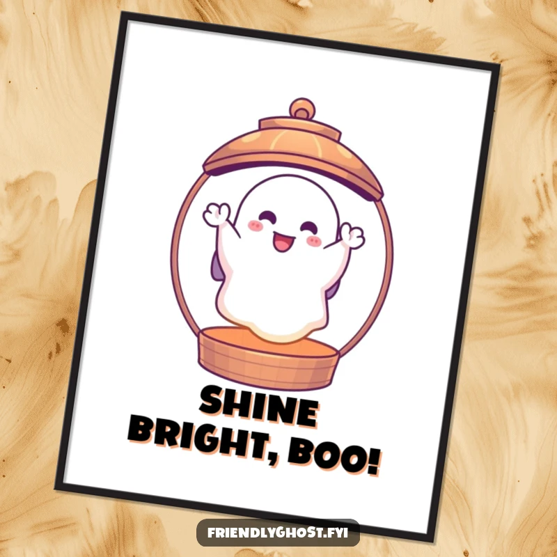 Funny ghost lantern poster art of a cheerful ghost waving from inside a glowing lantern, great for spooky wall art and funny gift ideas.