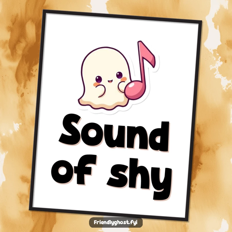 Funny shy ghost music poster art of a timid ghost peeking from behind a floating music note, ideal for gentle decor and gifts.