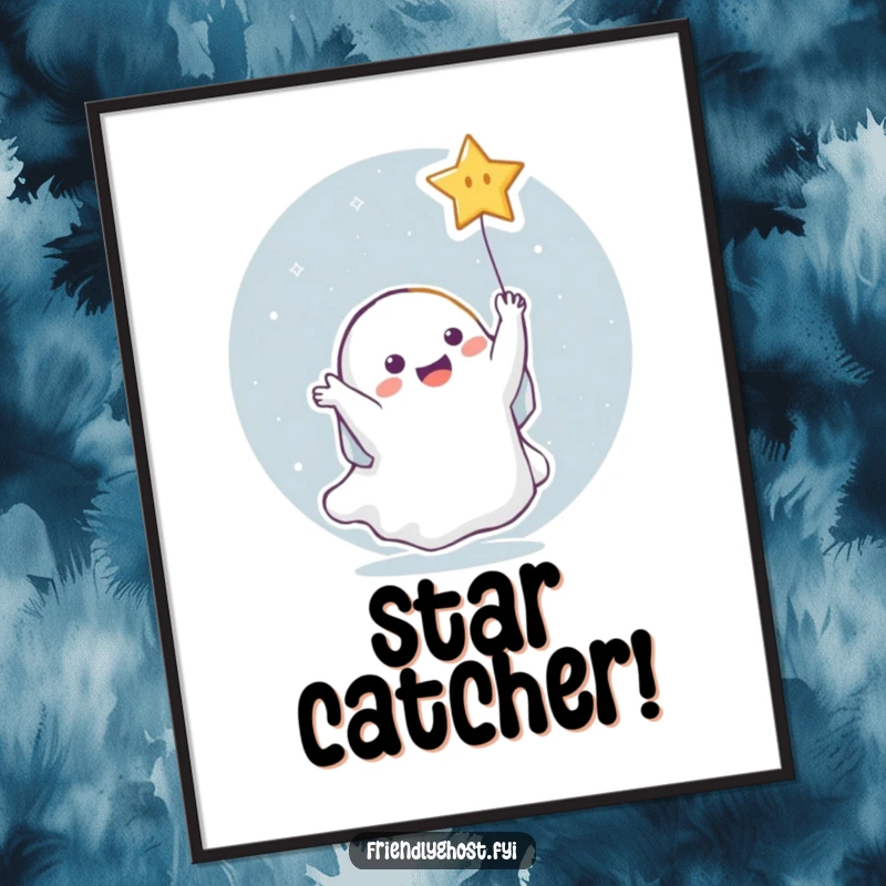 Funny Ghost Star Poster: Ghost joyfully catching a falling star, creating a piece of wall art full of celestial wonder and humor.