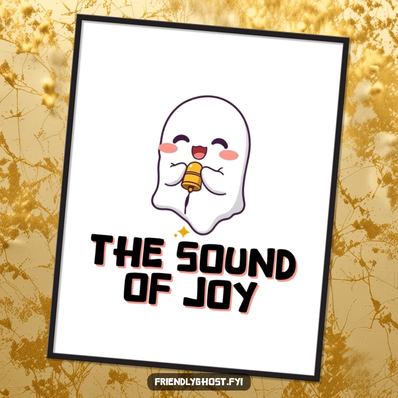 Funny Ghost Bell Ringer Poster: Delighted spirit ringing a small bell, perfect for cheerful and humorous wall art.