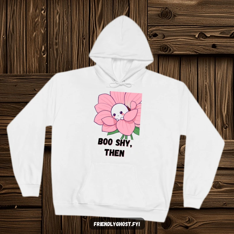 Funny shy ghost hoodie with a timid character playfully peeking from behind a beautiful, oversized flower.