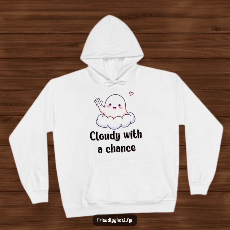 Funny ghost hoodie featuring a small, friendly ghost waving from a soft cloud, perfect for cozy cheer.