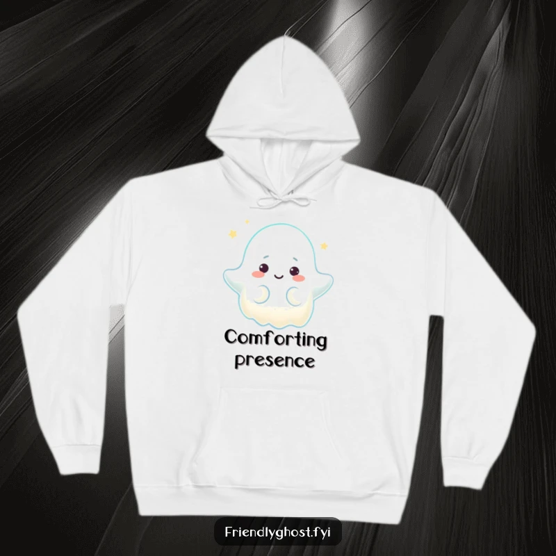 Funny hoodie illustration of a ghost character emitting a warm, comforting glow with a kind expression, designed for cozy and peaceful wear.