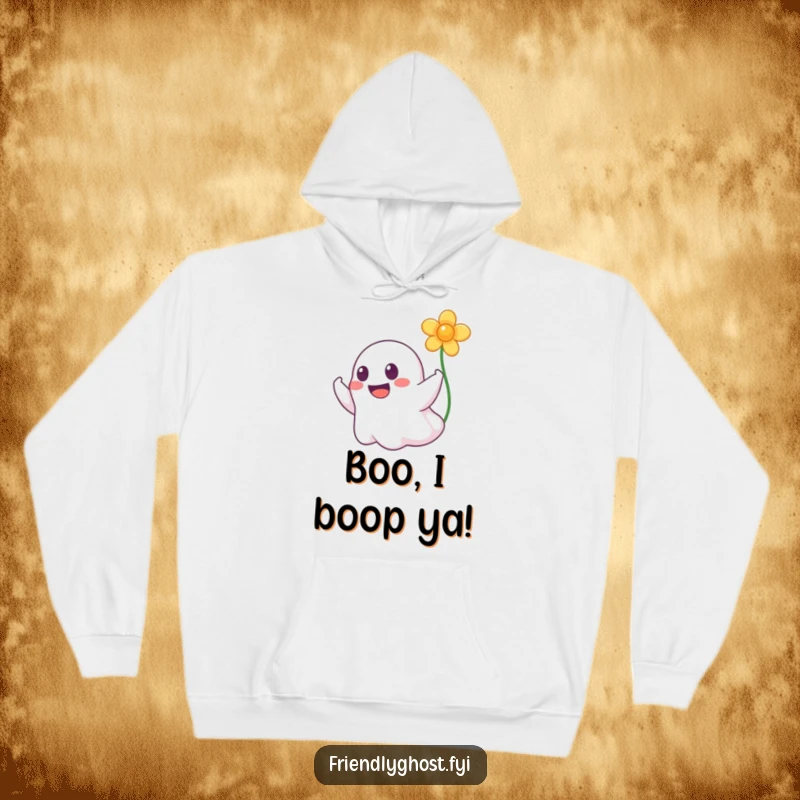 Funny hoodie featuring a happy ghost with a wide grin booping a delicate floating flower, radiating warmth and amusement.