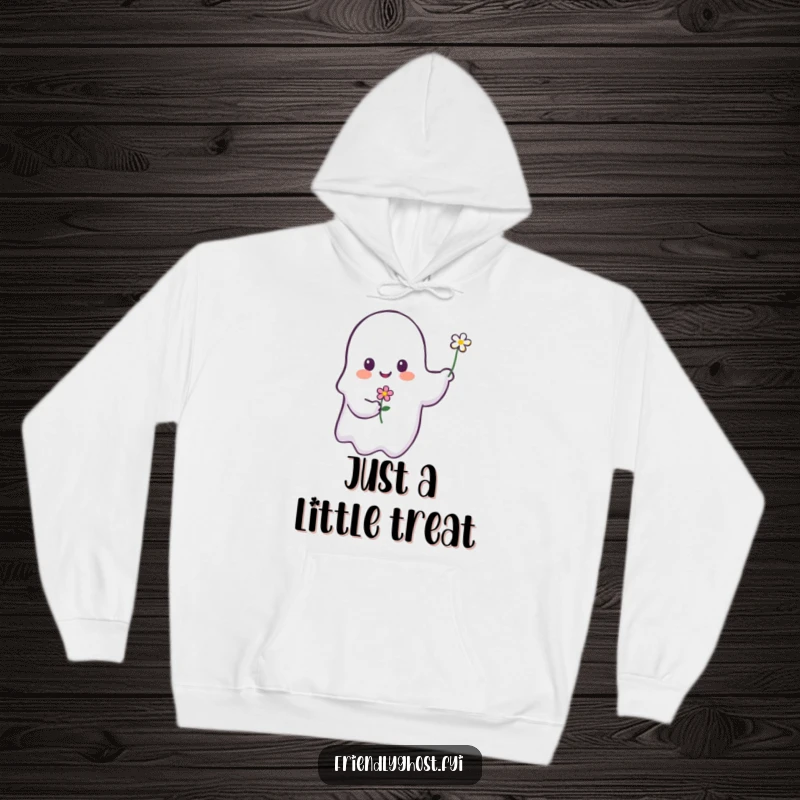 Funny ghost hoodie showing a happy ghost tenderly offering a single flower with a gentle, loving expression.