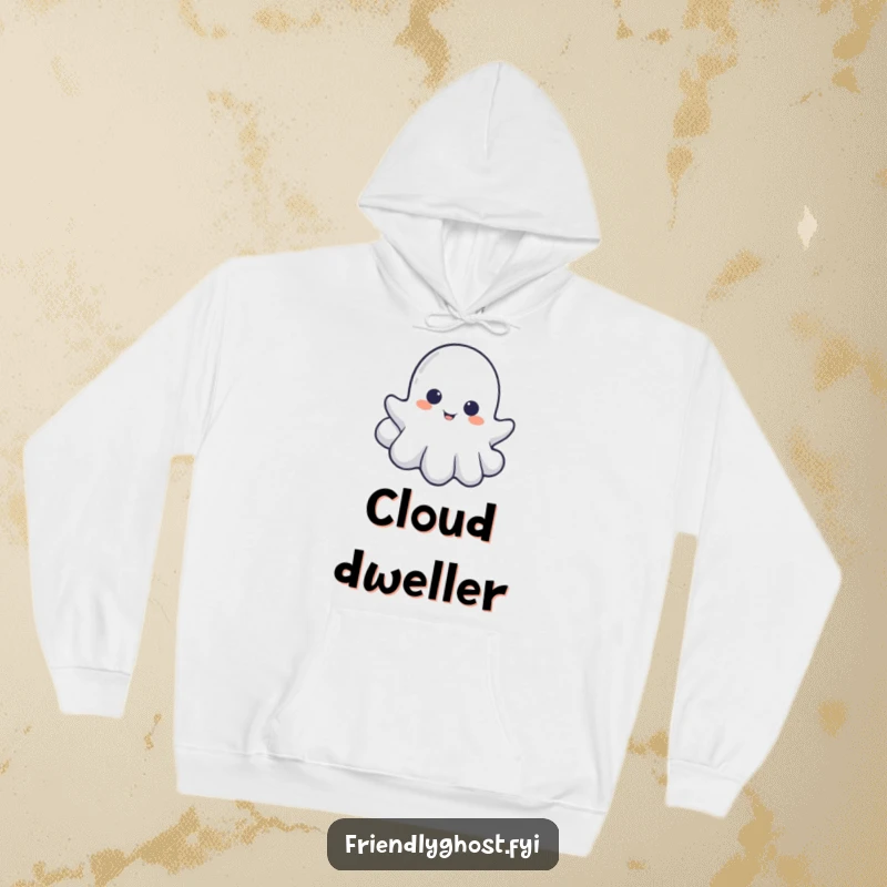 Funny hoodie featuring a little ghost playfully peeking from behind a cloud, offering spectral coziness and a hint of mystery.