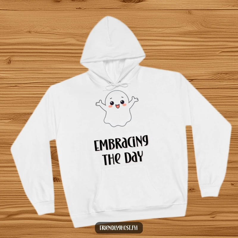 Funny hoodie with a small ghost character happily floating with arms outstretched in a welcoming gesture.