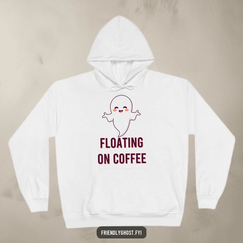 Funny ghost hoodie featuring a smiling ghost with arms outstretched, tenderly embracing a floating, iridescent bubble.