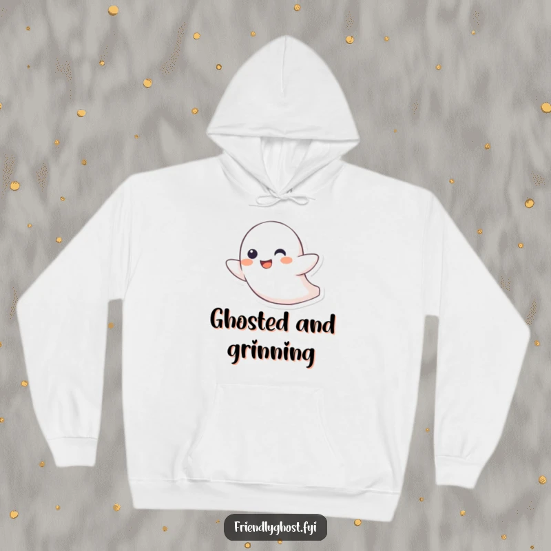 Funny hoodie with a little ghost character joyfully zipping through the air with a playful grin, perfect for cozy, spirited vibes.