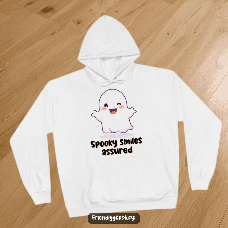 Funny hoodie showcasing a friendly ghost character playfully booing with a large, joyful, happy grin.