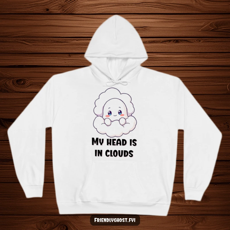 Funny Ghost Cloud Hoodie: A shy, curious ghost peeks from behind a fluffy cloud, offering warmth and humor. An excellent funny gift for spooky season lovers.