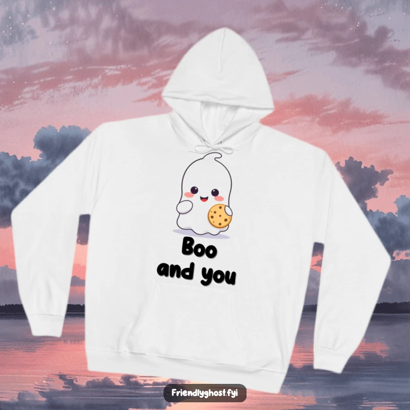 Funny ghost character hoodie, smiling and sharing a tiny cookie, exuding adorable charm and generosity.