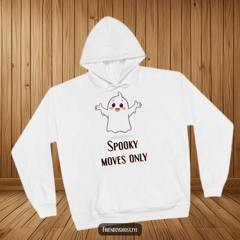 Funny ghost character hoodie, enthusiastically doing a silly dance with arms spread wide in happy abandon.