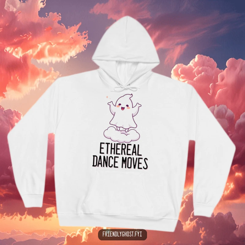 Funny hoodie featuring a ghost doing a happy jig on a cloud, offering cozy comfort and a humorous, playful spooky design.