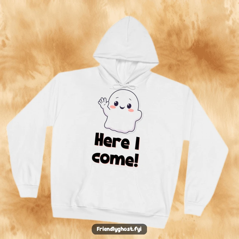 Funny hoodie with a kawaii ghost character enthusiastically waving with a friendly, translucent hand.