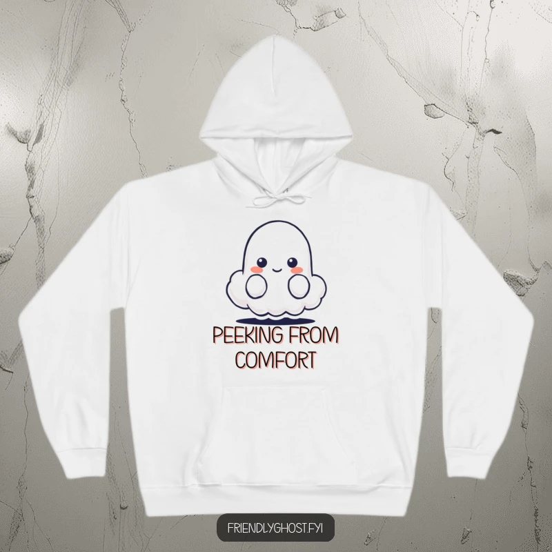 Funny hoodie with a shy ghost character peeking from behind a small, cheerful, smiling cloud.