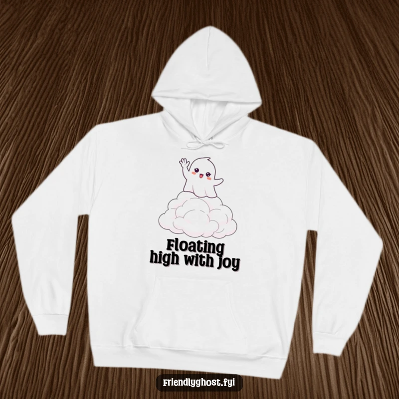 Funny hoodie illustrating a friendly ghost waving hello from atop a serene stack of soft, fluffy clouds, radiating warmth and happiness.