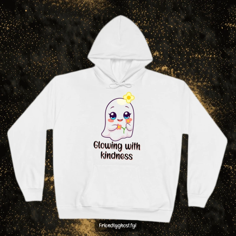 Funny Ghost Flower Bearer Hoodie: A happy ghost with wide eyes offers a glowing flower, radiating warmth and pure, heartfelt affection.