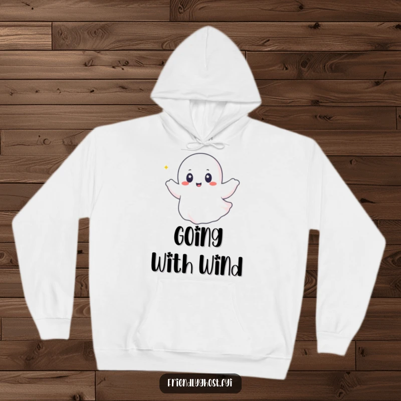 Funny ghost hoodie with twinkling eyes blissfully riding a gentle breeze, embodying carefree joy and adventure.