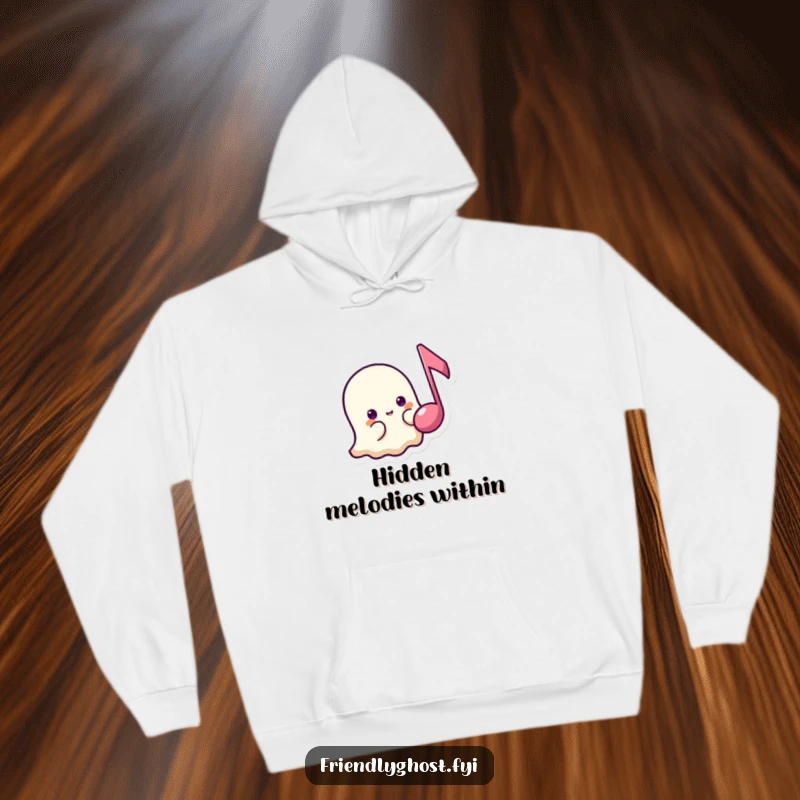 Funny shy ghost music hoodie showing a timid ghost peeking from behind a floating music note, great for cozy, gentle, funny gifts.