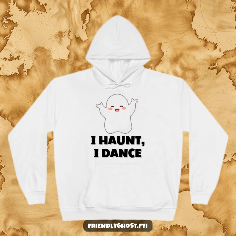 Funny hoodie featuring a giggling ghost character performing a lively, silly dance in the air, designed for maximum spectral fun and comfort.