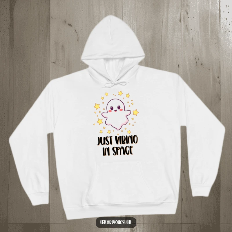 Funny happy ghost hoodie with a joyful character floating happily through a magical field of stars.