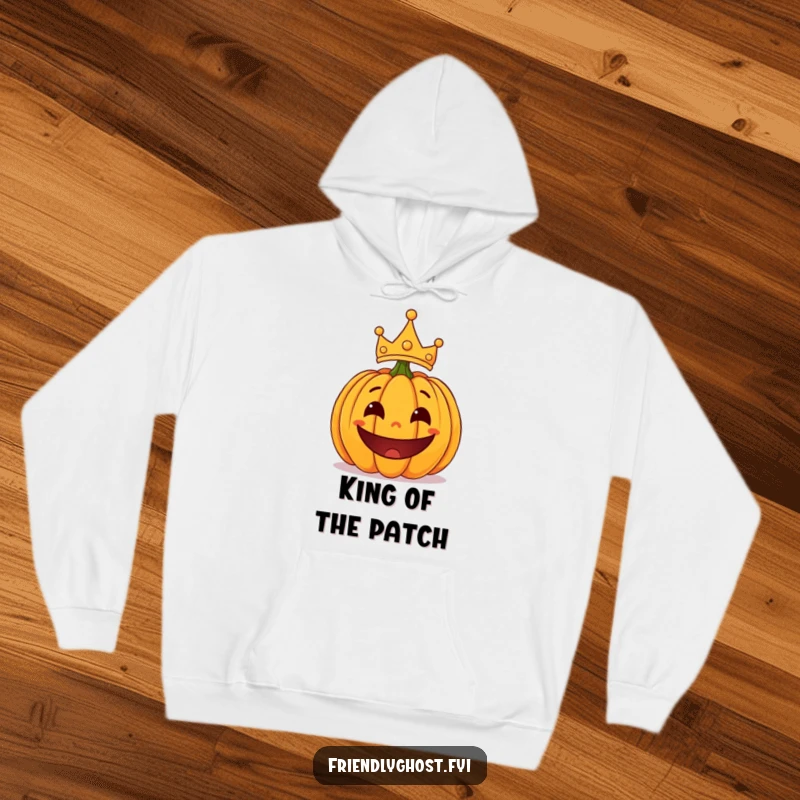 Funny surprised pumpkin wearing a lopsided crown, a cozy and humorous Halloween hoodie.