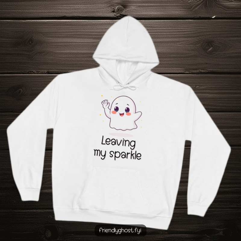 Funny ghost hoodie with a waving character leaving a trail of sparkling dust, embodying magical farewells and warmth.