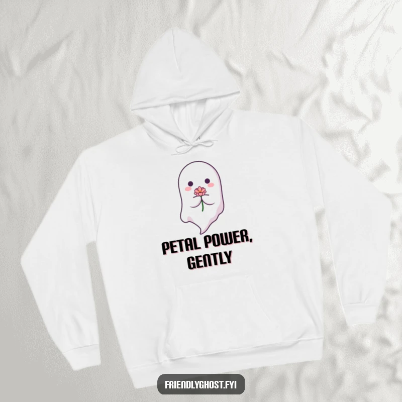 Funny Gentle Ghost Hoodie: A tranquil ghost floats down with a beautiful flower, offering comfort. A soothing and funny gift for loved ones.