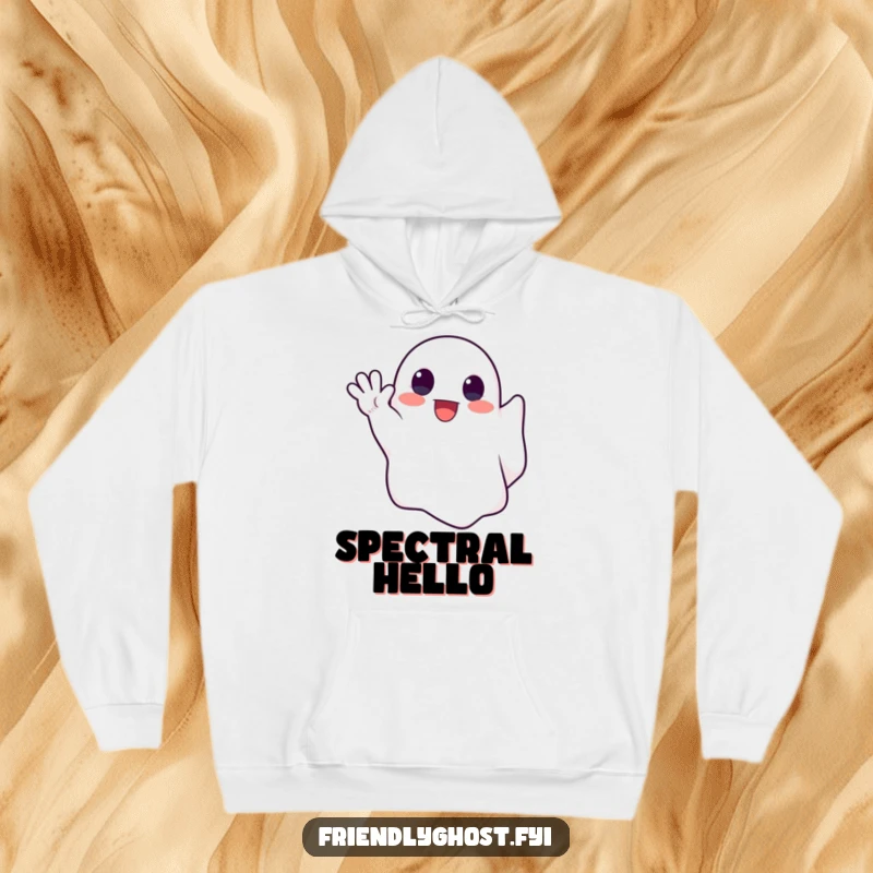Funny hoodie with a cute ghost enthusiastically waving a spectral hand, offering a warm and friendly spectral welcome.