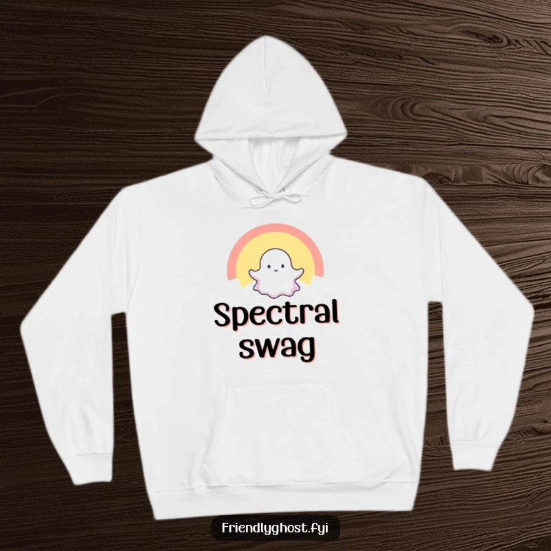 Funny hoodie showing a tiny ghost gracefully floating through a luminous rainbow, offering spectral warmth and a cheerful, colorful design.