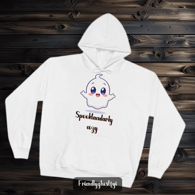 Funny surprised ghost character with wide, happy eyes mid-jump printed on a cozy hoodie, perfect for expressing comical fright.
