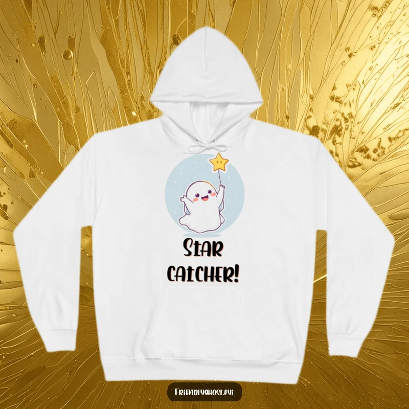 Funny Ghost Star Hoodie: Warm and cozy hoodie featuring a ghost joyfully catching a falling star, perfect for celestial fans.