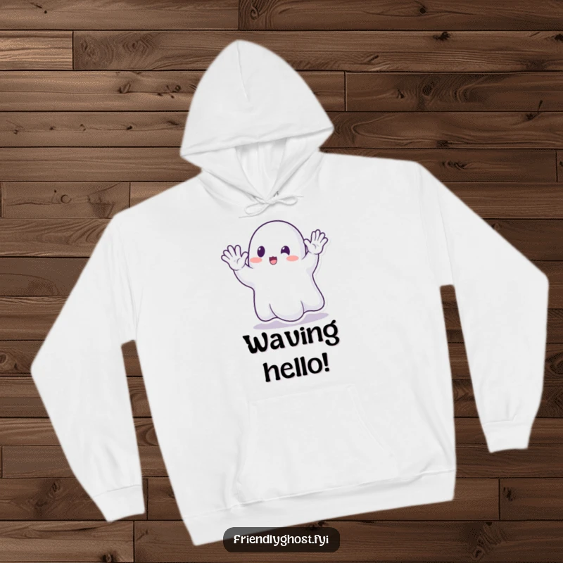Funny Ghost Waving Hoodie: Warm and cozy hoodie featuring a transparent ghost waving its hand energetically.