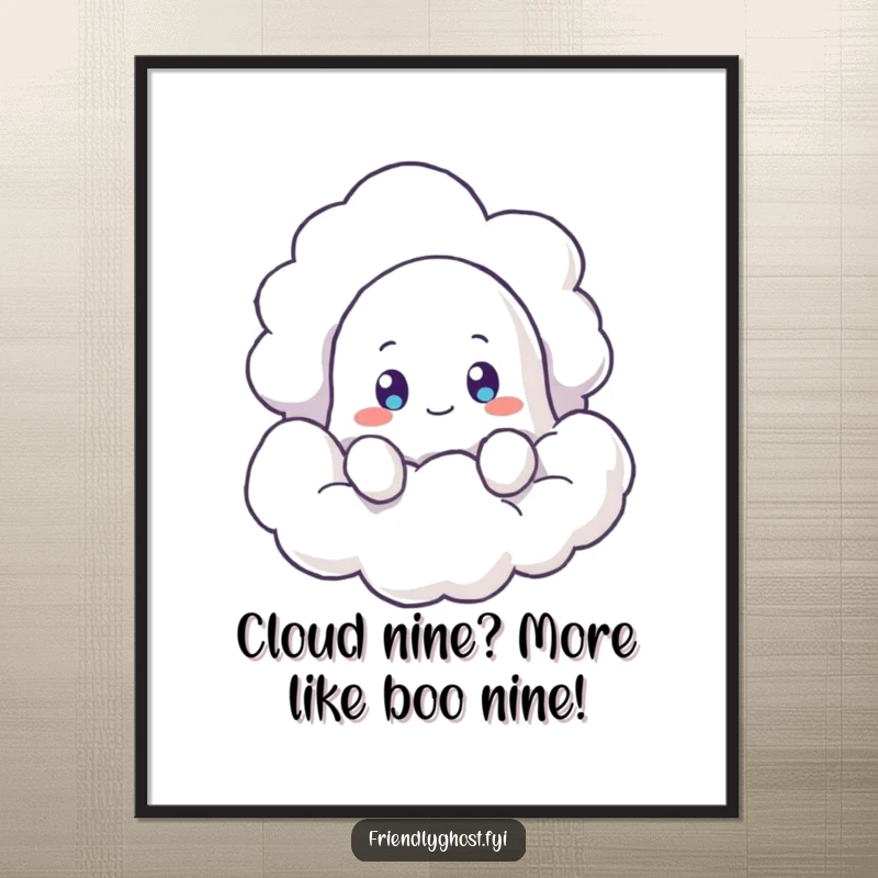Funny Free Printable Wall Art: Adorable ghost peeking from a cloud with a curious expression, perfect quirky decor.