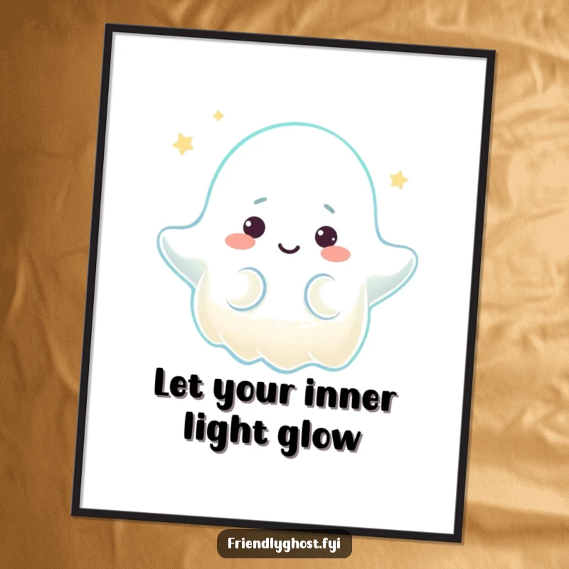 Free Printable Wall Art: Ghost character providing a comforting glow with a warm expression, a peaceful downloadable.