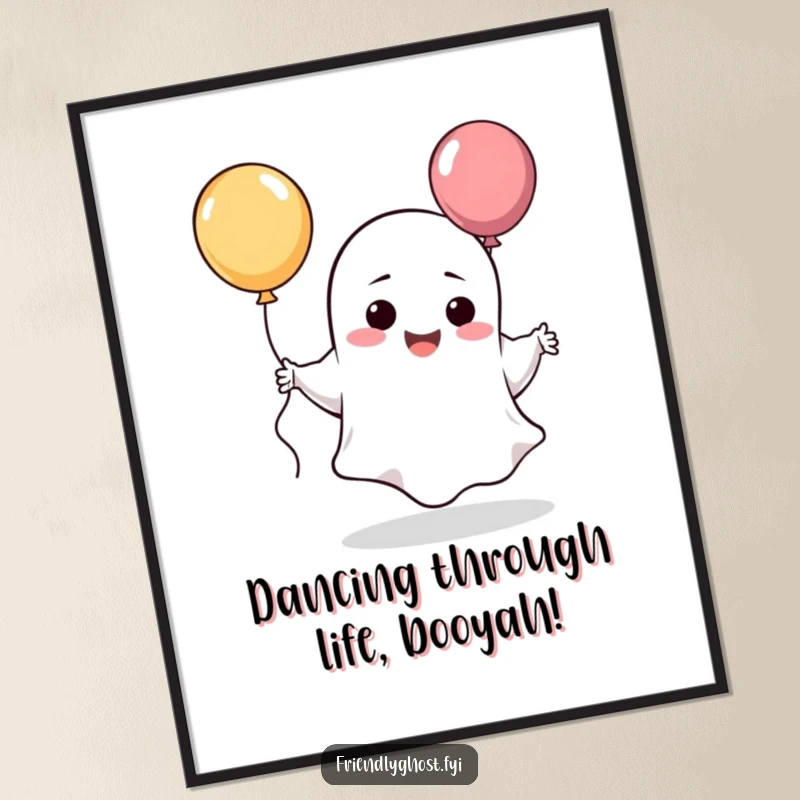 Funny Free Printable Wall Art: A hilarious sheet ghost character doing a silly dance with a bright, bouncing balloon.
