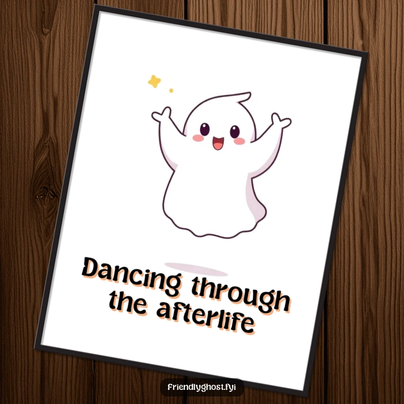 Funny free printable wall art: Ghost joyfully doing a little aerial pirouette, adding a dynamic and playful element.