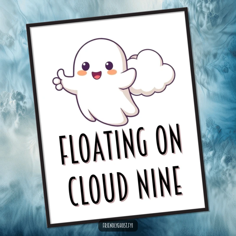 Funny Free Printable Wall Art: A happy ghost gives cartoonish thumbs up beside a cheerful cloud, creating happy decor. Cloud art.