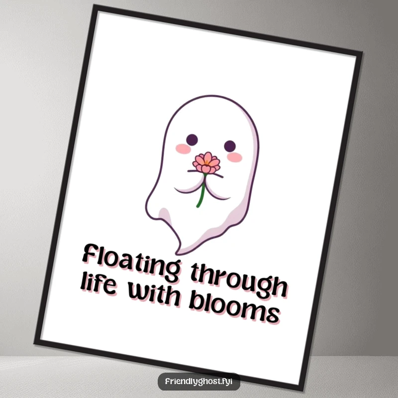 Funny Free Printable Wall Art: A gentle ghost floating serenely while holding a beautiful blooming flower, calming decor.