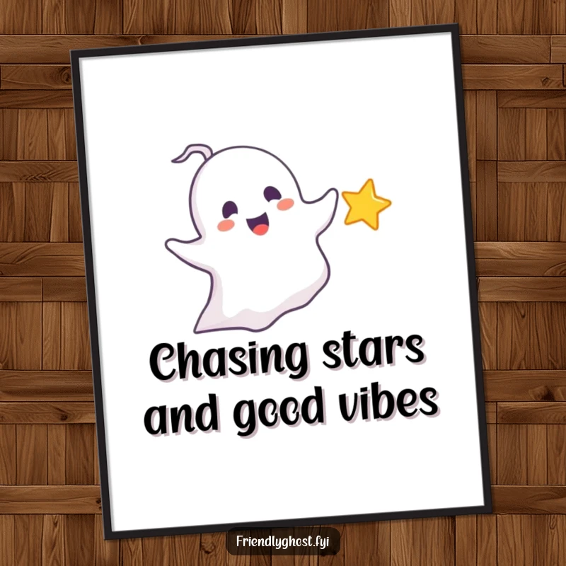 Funny Free Printable Ghost star wall art: a delighted ghost playfully chases a tiny, sparkling star, creating a whimsical atmosphere.