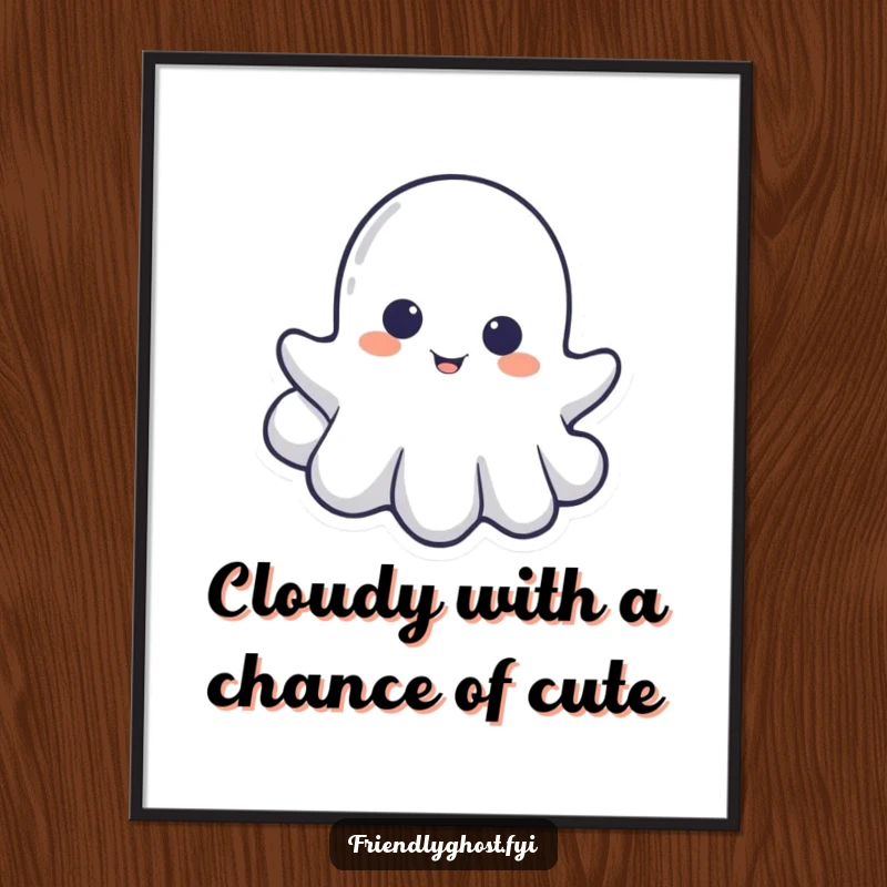Funny Free Printable wall art of a little ghost playfully peeking its head out from behind a whimsical, fluffy cloud.