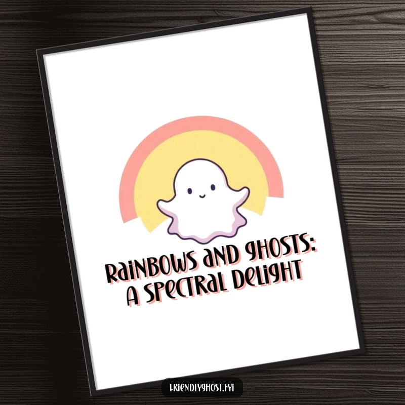 Funny Free Printable wall art depicting a tiny ghost happily floating amidst a spectrum of colors in a radiant rainbow.