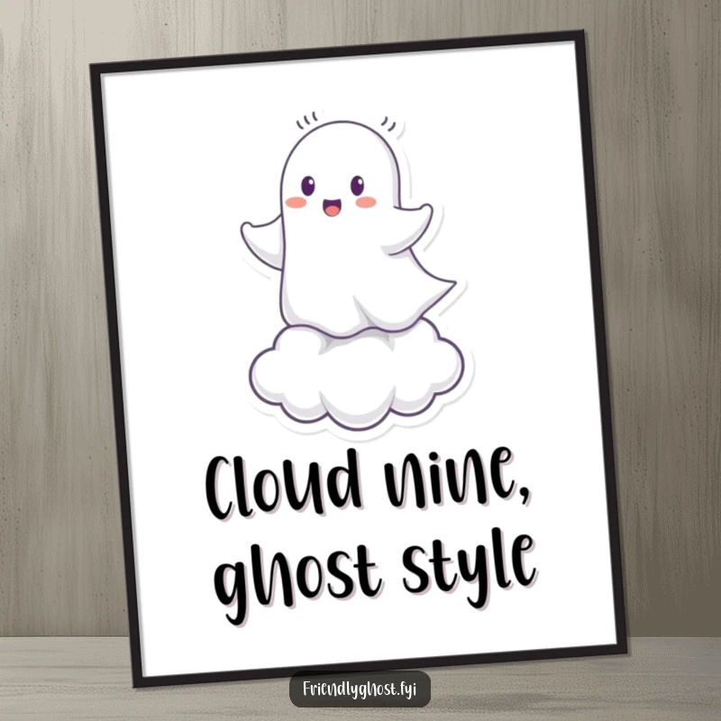 Funny Free Printable Wall Art: Cheerful ghost character happily riding a small, whimsical cloud, creating a dreamy and joyful art piece, DIY.