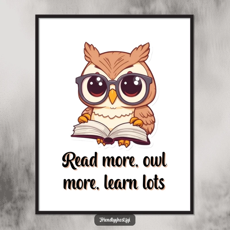 Funny Free Printable Wall Art: Owl with oversized spectacles intently gazing at a magically floating book.