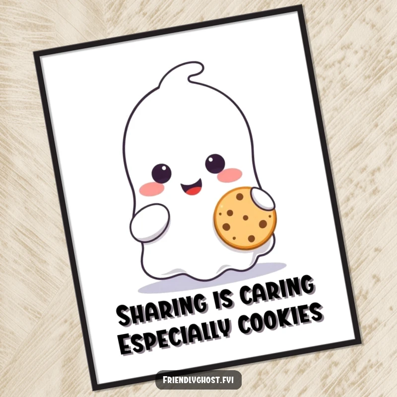 Funny free printable wall art of a cute ghost sharing a tiny cookie with a gentle smile, exuding warmth.