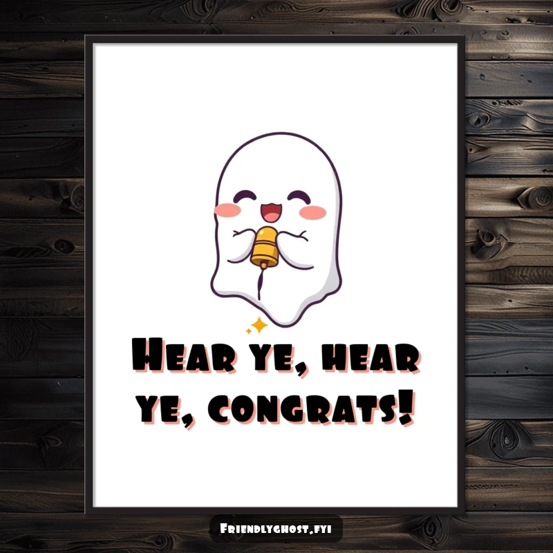 Funny Free Printable Wall Art: Delighted ghost character joyfully ringing a small, tinkling bell, bringing a festive and cheerful atmosphere, DIY.