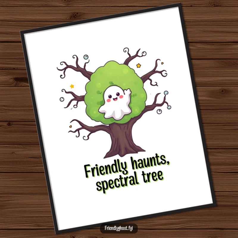 Funny Free Printable Wall Art showing a friendly ghost waving goodbye from a spooky tree, creating a whimsical and inviting atmosphere.